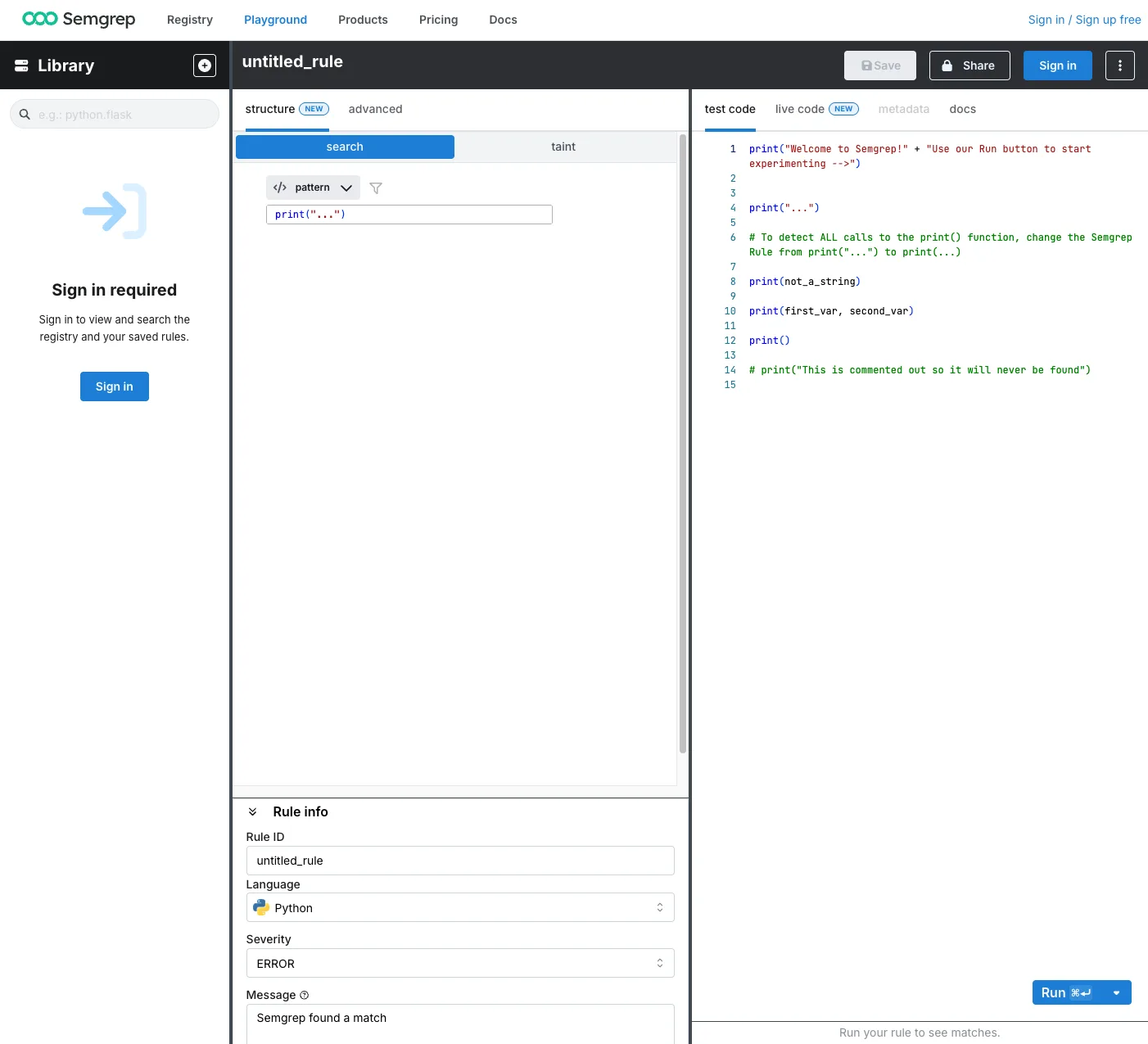 Semgrep Playground showing a custom rule pattern pane, a test-code pane, and rule metadata