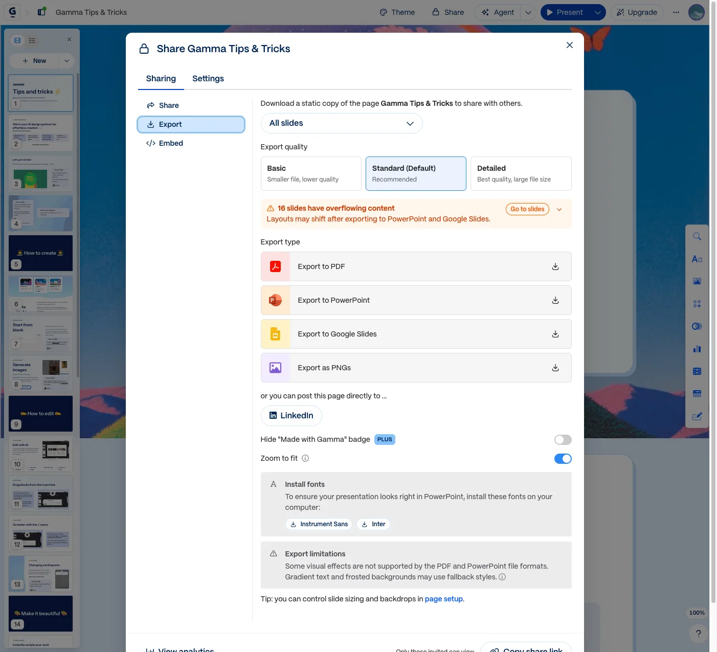 Gamma's own export dialog warning that 16 slides have overflowing content and layouts may shift after exporting to PowerPoint and Google Slides