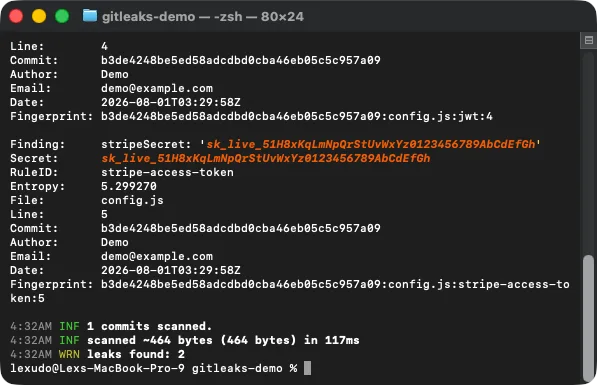 Terminal output of gitleaks detect showing two findings in a demo repository, a JWT secret and a Stripe secret key, ending in "WRN leaks found: 2"