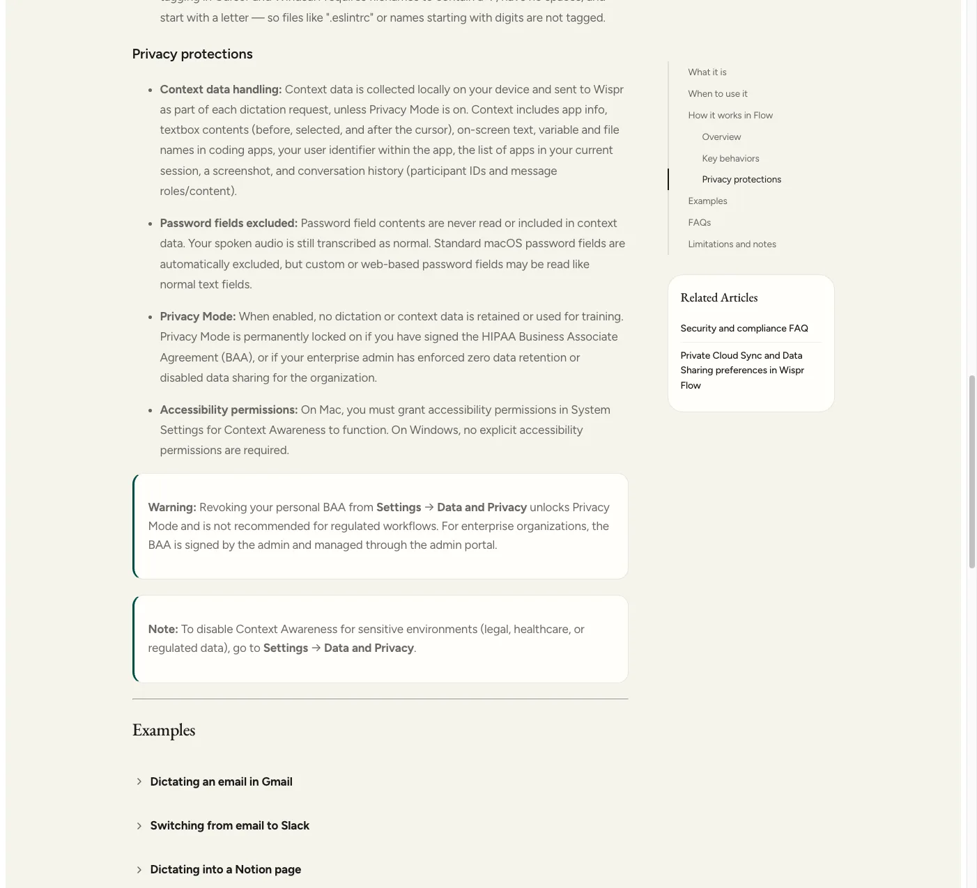 Wispr Flow's documentation listing the context data sent with each dictation request, including app info, textbox contents, on-screen text, and a screenshot, plus the password-field exclusion note