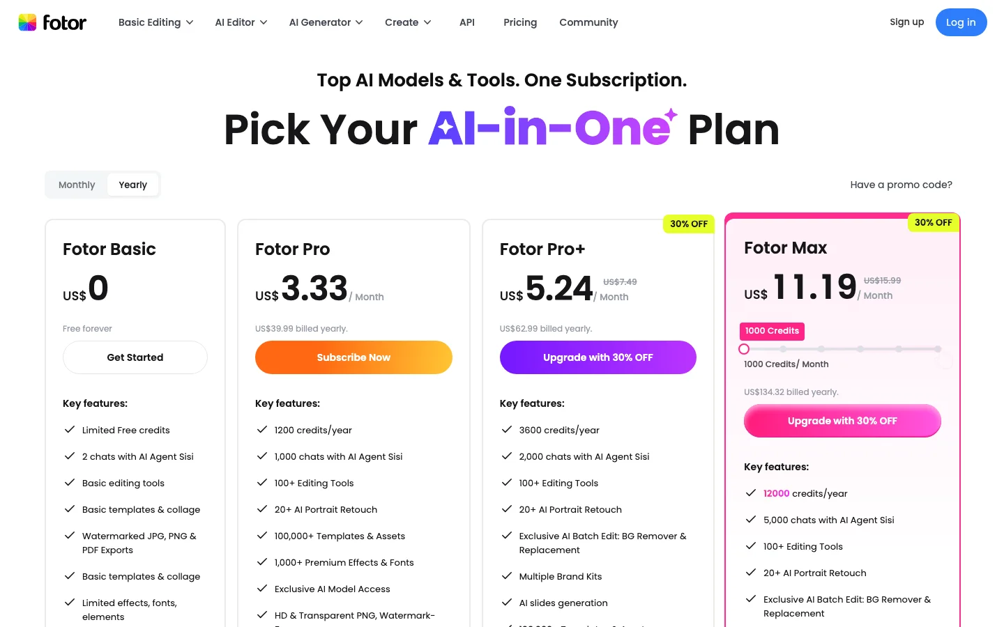 Fotor pricing plans