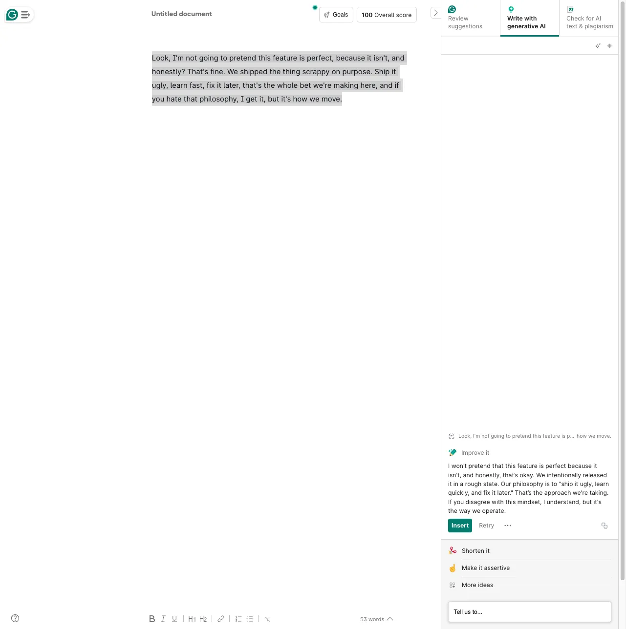 Grammarly AI rewrite panel showing the same paragraph flattened into more formal, corporate-safe phrasing