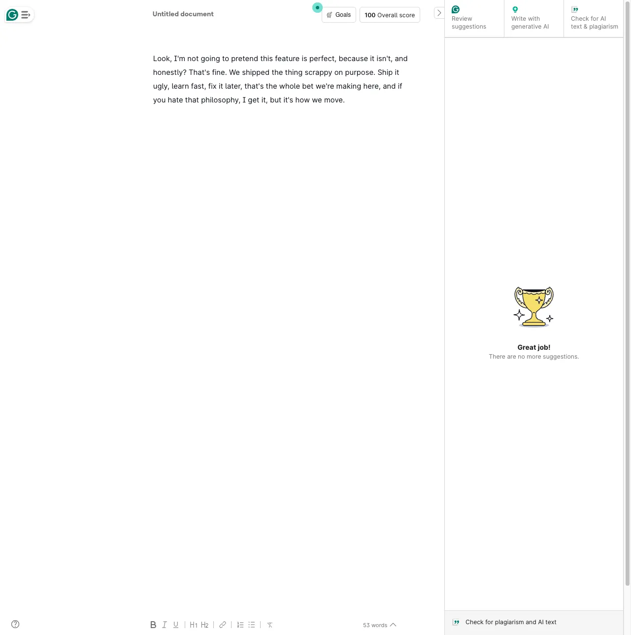 Grammarly editor showing a voice-y test paragraph with a 100% score and no grammar suggestions, before running the AI rewrite