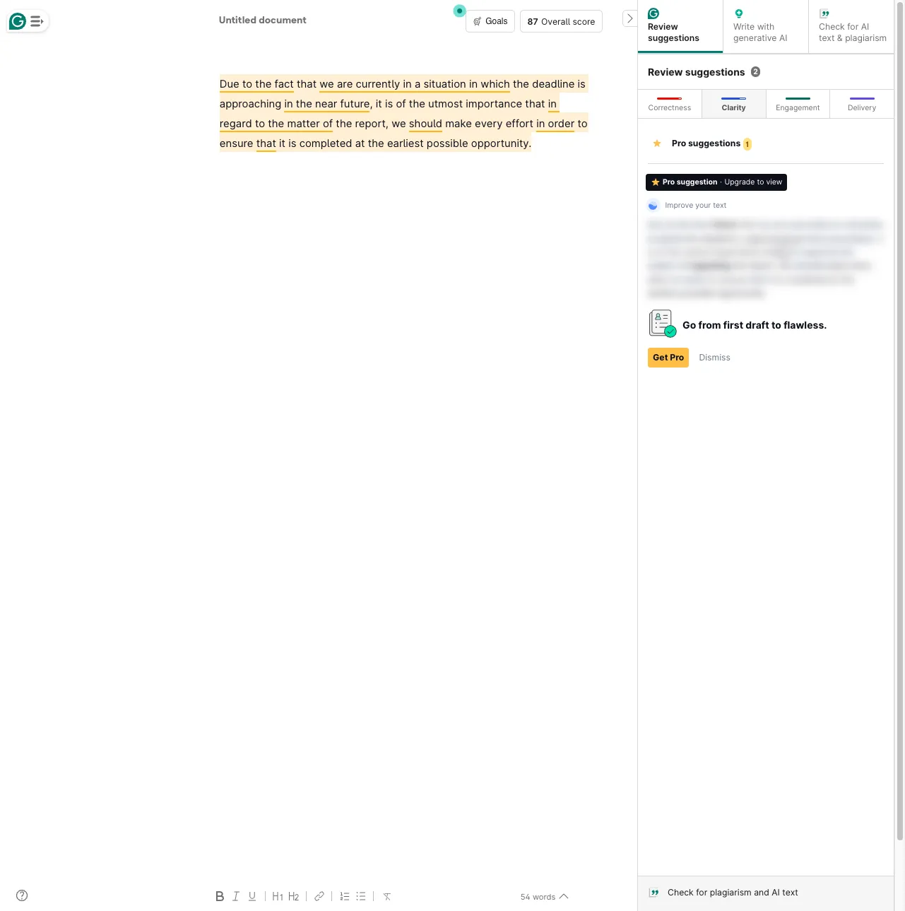 Grammarly free tier flagging wordy phrases in the Clarity tab with the actual fix blurred behind a Get Pro upgrade card