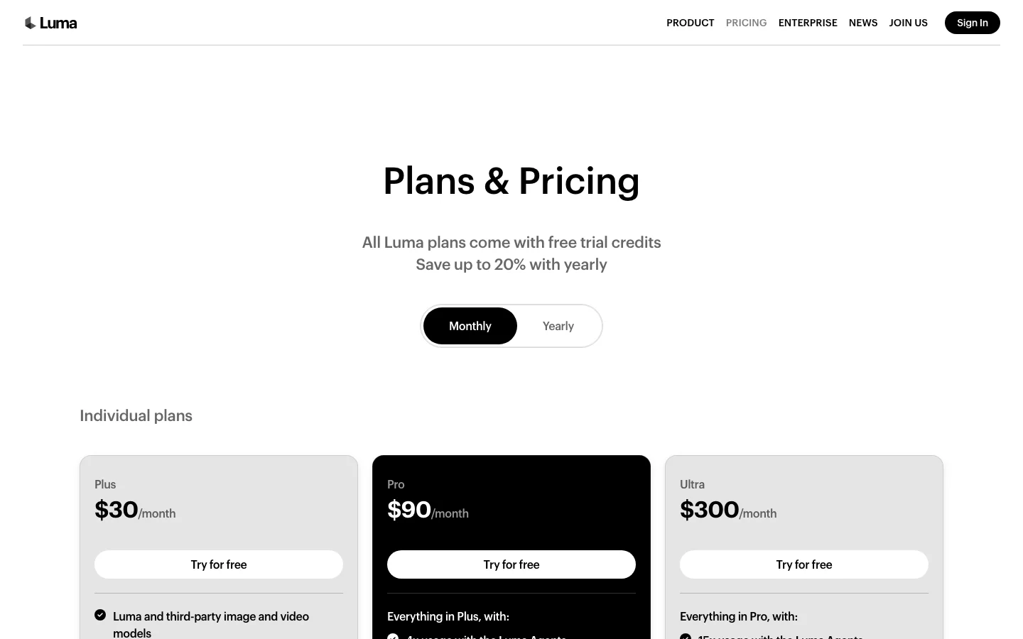 Luma Labs pricing plans