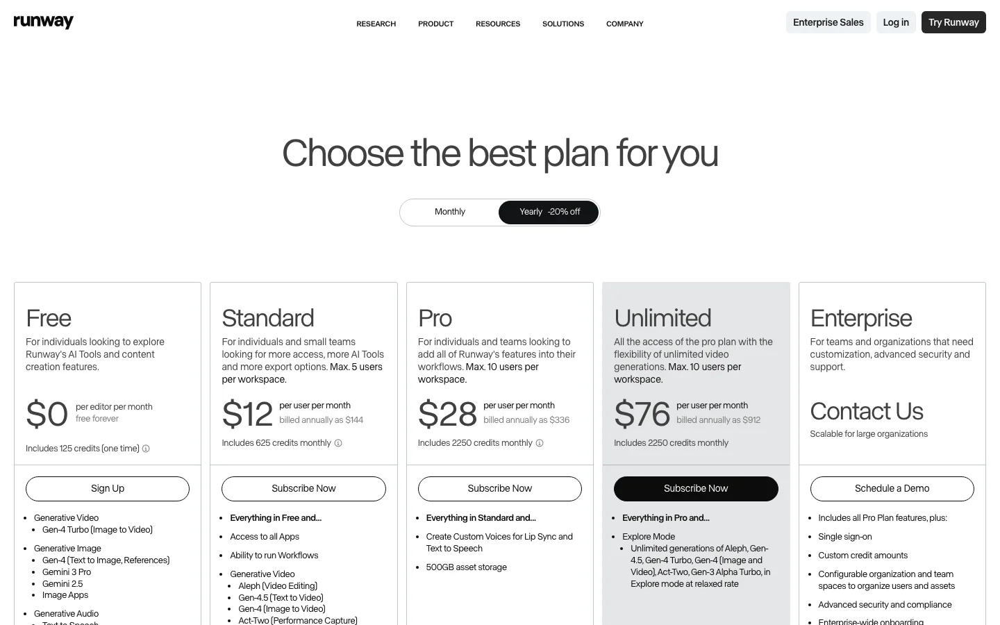 RunwayML pricing plans