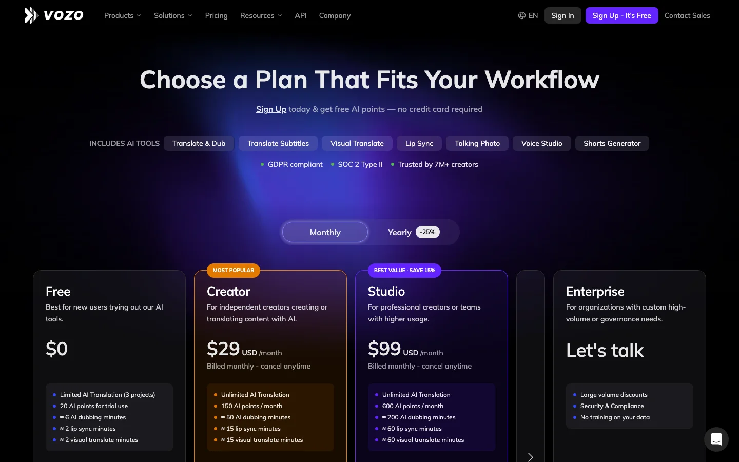 Vozo AI pricing plans